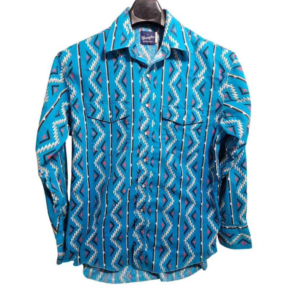 Vintage Wrangler Western Shirt Mens Large Turquoise Aztec Pearl Snap Long Sleeve